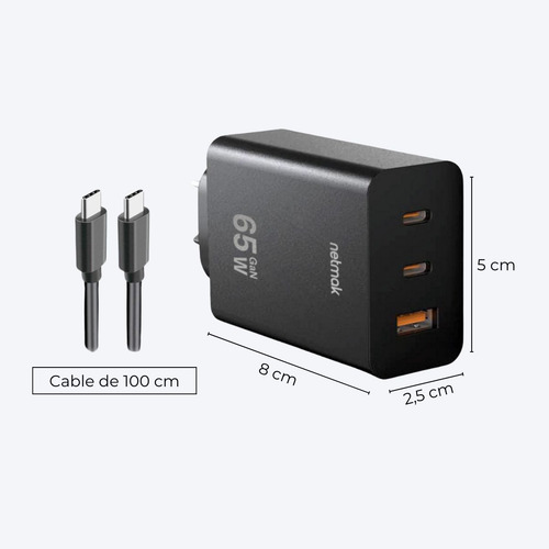 Cargador Carga Ultra Rápida 65w Cable Usb-c Adaptador Triple