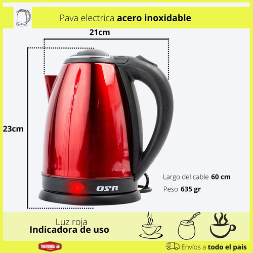 Pava Eléctrica Jarra Acero Inoxidable 2 Lts Corte Automatico