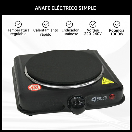 Anafe Eléctrico Oryx Negro 1 Hornalla 1000w 5 Potencias 220v Negro