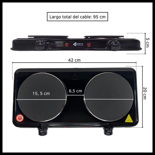 Anafe Eléctrico Oryx Hps203 2000w Cocina 2 Hornallas  Negro