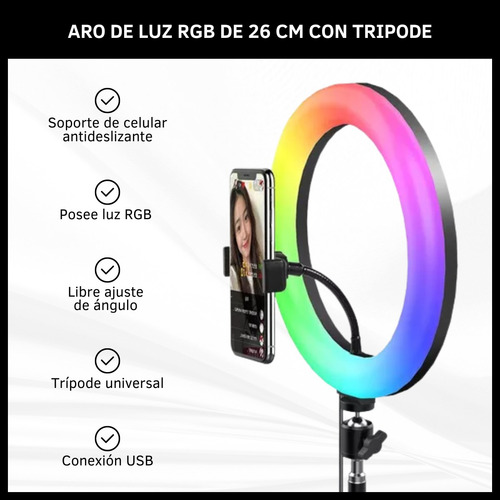 Aro De Luz Led Tripode 26 Cm 10 Pulgadas Rgb Colores Soporte