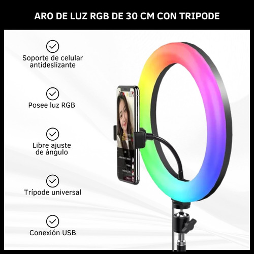 Aro De Luz Led 30 Cm 12 Tripode  Rgb Colores Soporte Celular