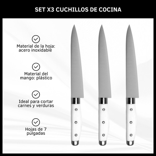 Set De Cuchillos X3 Cocina Mango Blanco Con Remaches De 7 