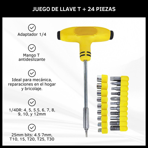 Llave T Juego Kit Puntas Destornilladores Y Tubos 24 Piezas