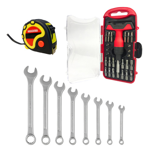 Set Kit Llaves Combinada Destornillador Cinta Métrica