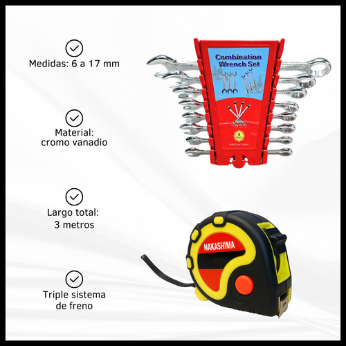 Set Kit Llaves Combinada Destornillador Cinta Métrica