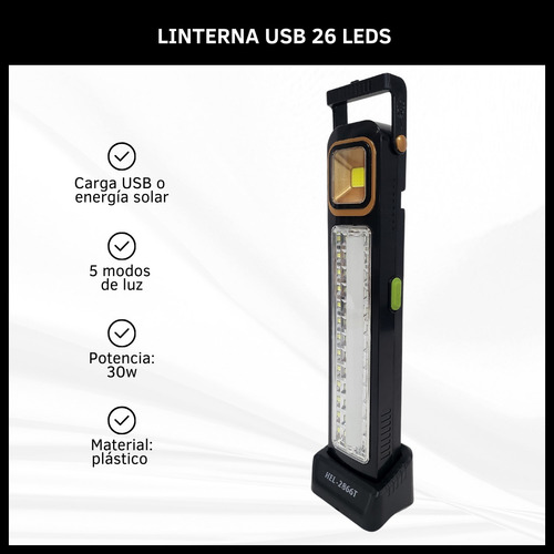 Linterna Usb Recargable 5 Modos De Luz 26 Leds + 1 Tubo 30w Blanco Negro