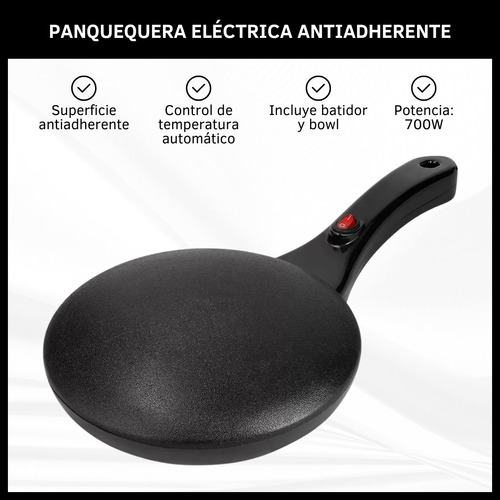 Panquequera Eléctrica Antiadherente 700w Con Batidor Y Bowl Negro