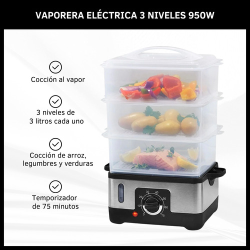 Vaporera Eléctrica 3 Niveles Capacidad 9 Litros Manual 950w