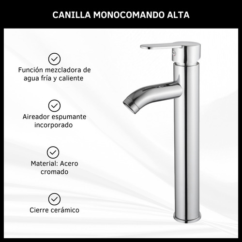 Grifería Canilla Monocomando Larga Pico Curvo Lavatorio