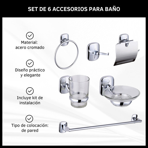 Set Kit 6 Accesorios Para Baño Completo De Acero Cromado