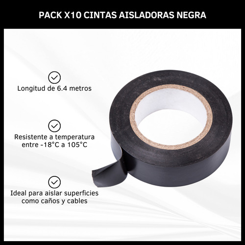 Cinta Aisladora 17mm 6.4 Metros Negra Pack X10 Unidades Negro Lisa