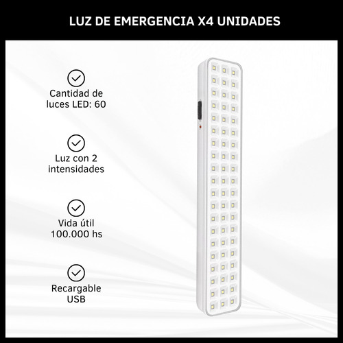 Luz De Emergencia X4 Unidades 60 Leds Luz Blanca Recargable