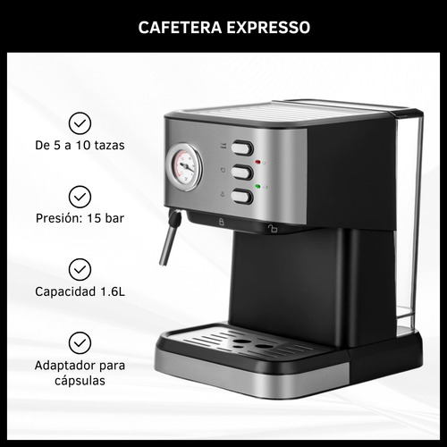 Cafetera Espresso Semi Automática Espumador De Leche 1.6l Plateado