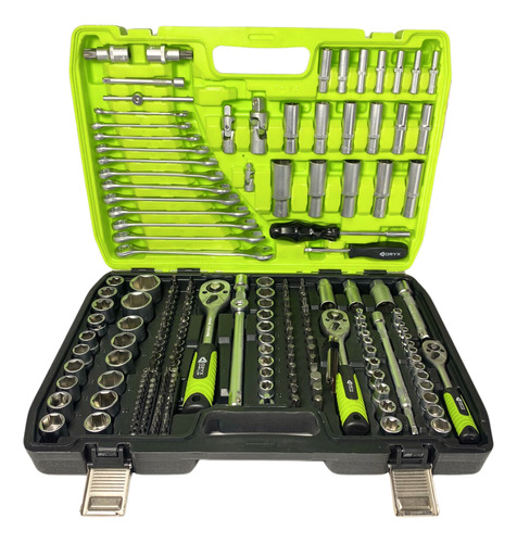 Set Caja Herramientas Llaves Tubos Puntas 216 Piezas Estuche Verde
