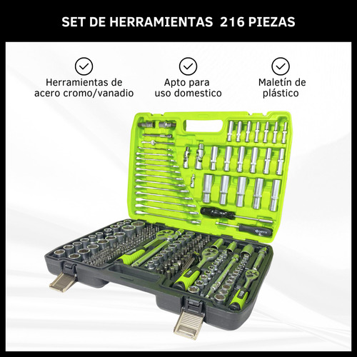 Set Caja Herramientas Llaves Tubos Puntas 216 Piezas Estuche Verde