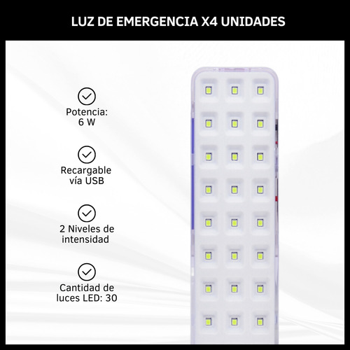 Luz De Emergencia Pack X4 Unidades Batería Recargable Usb
