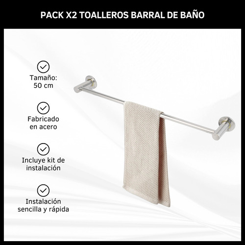 Toallero Barral Simple Recto Para Baño Pack X2 Unidades