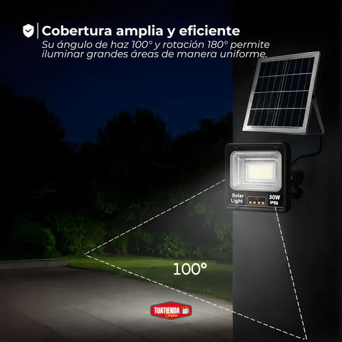 Reflector Luz Led Panel Solar 50w Control Remoto Exterior Negro Blanco Frío