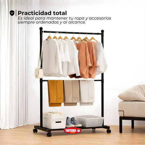 Organizador Ropa Perchero Zapatero Con Ruedas Desarmable Negro