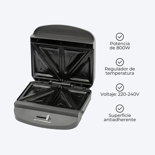 Sandwichera Eléctrica Antiadherente Regulador Temperatura Negro