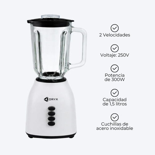 Licuadora Jarra De Vidrio 2 Velocidades 1,5 Litros Molinillo Blanco