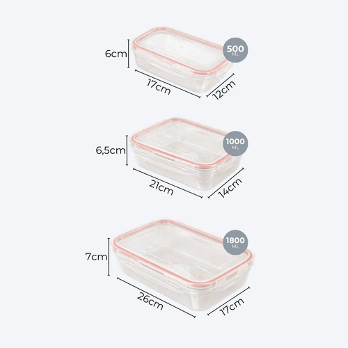 Set 3 Contenedores Cierre Hermético Recipientes Plastico Rojo