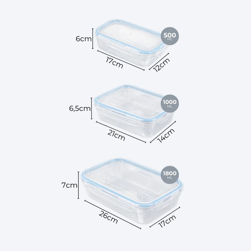 Set 3 Contenedores Cierre Hermético Recipientes Plastico Celeste