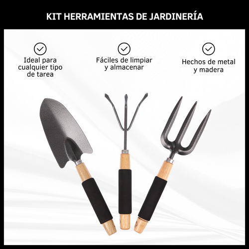 Set De Jardineria Kit 3 Piezas Pala Cultivador Tenedor Fork