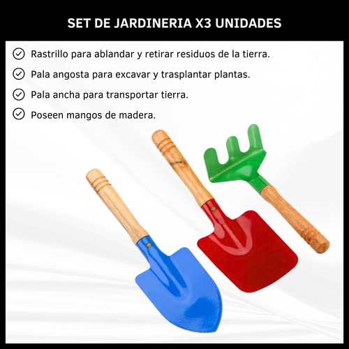 Kit De Jardinería 1 Rastrillo + 2 Palas Con Mango De Madera