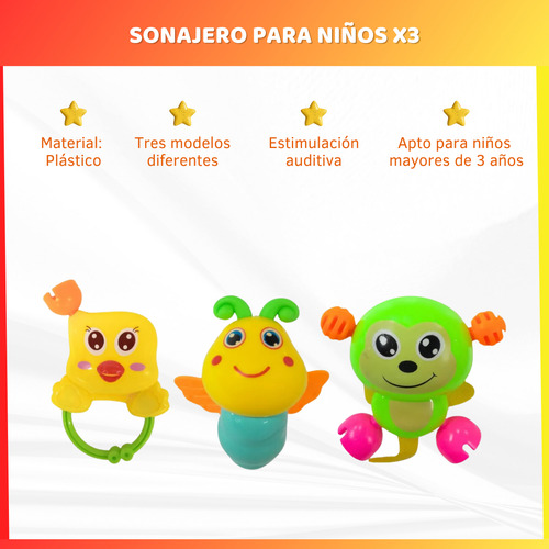 Sonajero Animalitos Pack X3 Juguete Para Bebe Niños Infantil
