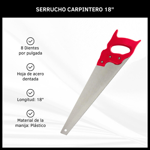 Serrucho Carpintero 18 Pulgadas De Mano Con Mango Plástico 